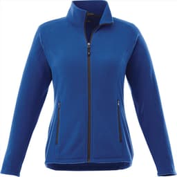 A women's polar fleece jacket in a vibrant blue, featuring a zip front and side pockets, with a logo on the chest.