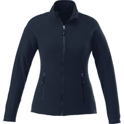 A women's navy polyfleece jacket with a zip front, featuring two side pockets and a logo on the chest.
