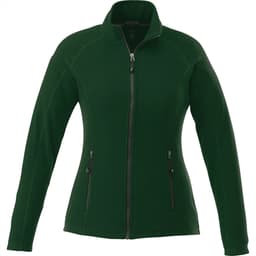 A women's polyfleece jacket in green with zippered pockets and a high collar, featuring a logo.