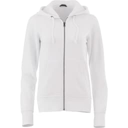 A white women's zip-up hoodie with a front pocket and a hood, featuring a logo on the chest.
