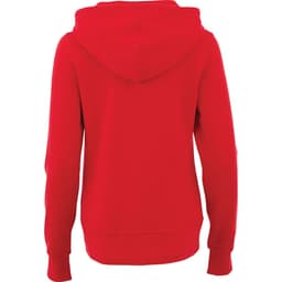 Red women's fleece zip hoody with a hood, featuring long sleeves and a solid design. It has a logo.
