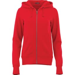 A red fleece zip hoody for women, featuring a front zipper and a hood, with a logo on the garment.