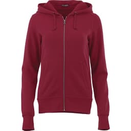 A women's zip-up hoodie in a deep red colour, featuring a hood and pockets, with a branding logo.