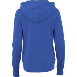 A women's Cypress fleece zip hoodie in blue, featuring a hood and long sleeves. There is a logo on the garment.