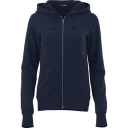 A women's navy fleece zip hoodie featuring a front zip, kangaroo pockets, and a hood. Includes a logo.