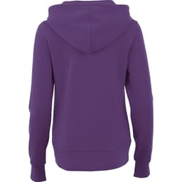 A purple women's fleece zip hoodie with a hood and long sleeves, featuring a logo on the back.