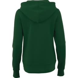 A women's green fleece zip hoodie with a hood and long sleeves, featuring a logo on the back.