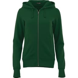 A women's zip-up hoodie in a vibrant green colour, featuring a hood and front pockets. It has a logo on the fabric.