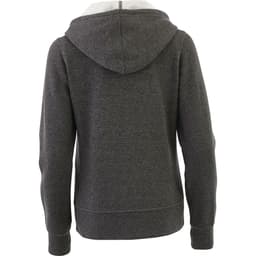 A grey women's fleece zip hoody featuring a hood and a logo on the back.