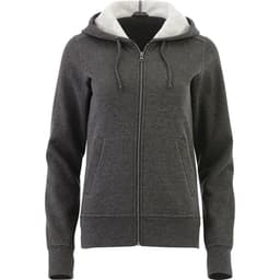 A women's grey fleece zip hoodie with a contrasting light grey hood, featuring a zipper and pockets.