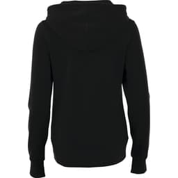 A black women's fleece zip hoodie with a hood and long sleeves, featuring a subtle logo on the back.