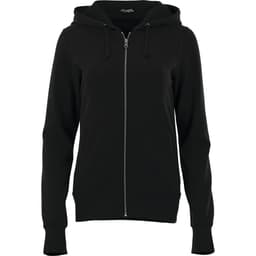 A women's black fleece zip hoodie featuring a front zipper and two pockets. It has a hood and ribbed cuffs.