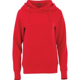 A red women's fleece hoody featuring a front pocket and an adjustable hood. The design includes a logo.