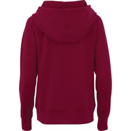 A red women's fleece hoody with a hood and a minimalist design, featuring a logo on the back.
