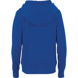 A blue women's fleece hoody with a hood and long sleeves, featuring a logo on the back.