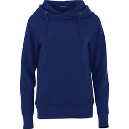 A navy fleece hoody for women, featuring a front pocket and a hood, with a branding logo.