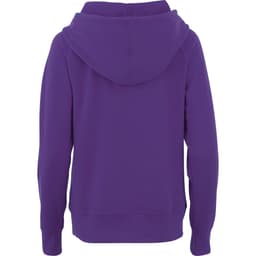 A women's purple fleece hoodie with a hood and ribbed cuffs. Features a logo on the back.