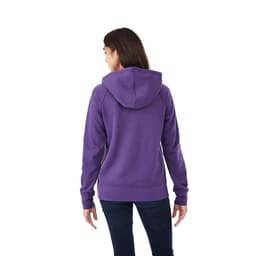 A purple women's fleece hoody with a hood and long sleeves, featuring a logo on the back.