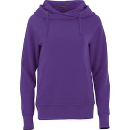 A purple women's fleece hoody featuring a front pocket and a hood, with raglan sleeves and a casual fit.