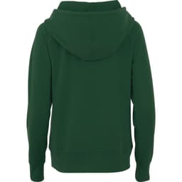 A women's fleece hoodie in a dark green colour, featuring a hood and long sleeves. It has a logo on the back.