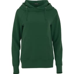 A green women's fleece hoody featuring a front pocket and a drawstring hood. It has long sleeves and a relaxed fit.