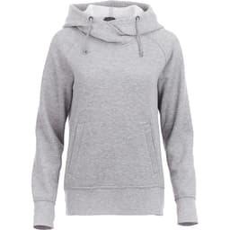 A women's grey fleece hoody featuring a drawstring hood and front pocket, with a subtle logo.