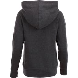 A dark grey women's fleece hoodie with a large hood and a simple design at the back.