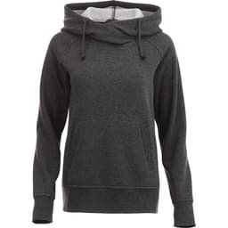 A women's grey fleece hoody featuring a large hood and front pouch pockets. It has a logo on it.