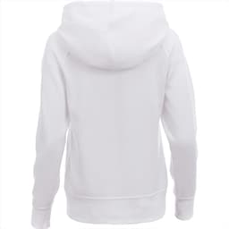 A white women's fleece hoodie with a large hood and a simple design, featuring a logo on the back.