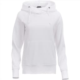 A white women's hoodie with a front pocket, drawstrings, and a hood, featuring a branded logo.