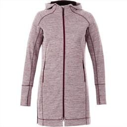 A women's hoodie in a maroon and grey flecked design with a zip front and hood, featuring side pockets.