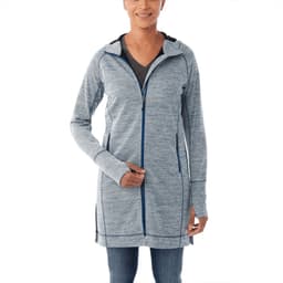 A women's zip hoodie in a blue melange colour with a sleek design and a logo on the front.