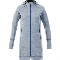 A women's grey knit zip hoody with a hood, featuring blue zippers and pockets. It has a sleek, modern design.