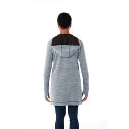 A woman’s light grey and black knit zip hoody, featuring a back view with a hood and long sleeves.