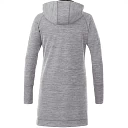 A grey women's hoodie featuring a long design and a hood, with a branding logo on the back.