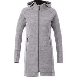 A women's Odell Knit Zip Hoody in grey, featuring a full zip, hood, and side pockets. Includes branding.