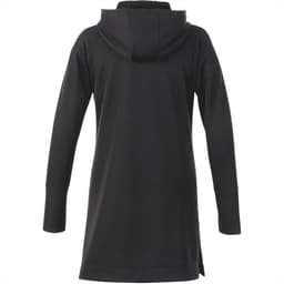 A black women's hoodie with a zip and a hood, featuring long sleeves and a relaxed fit.