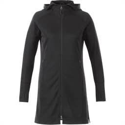 A women's black zip-up hoody with a hood and two side zip pockets, featuring a branding logo.