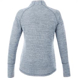 A women's half-zip jumper in a light blue knitted fabric, featuring a logo on the back.