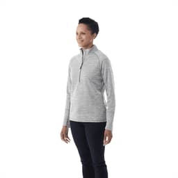 A grey knitted half-zip jumper for women, featuring long sleeves and a stylish, relaxed fit. It has a logo.