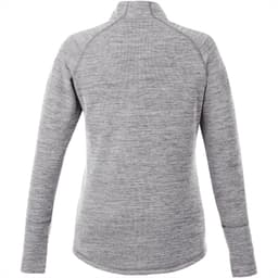 A grey knitted jumper featuring a half zip, with long sleeves and a curved hem. Brand logo is present on the garment.
