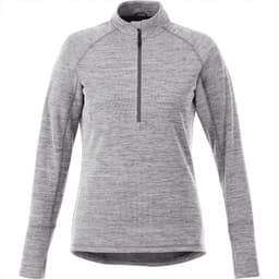 A grey women's knitted half zip jumper with long sleeves and a high collar, featuring a zippered front.
