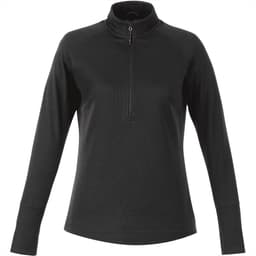 A black women's half zip knitted jumper with long sleeves and a high collar, featuring a small logo.