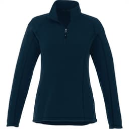 A women's half zip polar fleece jacket in navy blue with a fitted design and a branding logo.