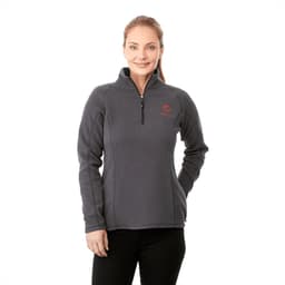 A women’s half-zip polar fleece jacket in grey, featuring a branding logo on the chest.