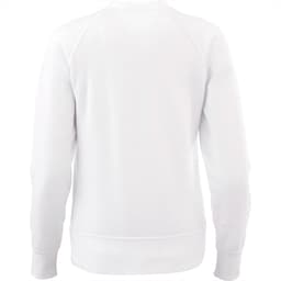 A white women's fleece crew jumper with a simple design and a logo on the back.