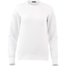A white women's fleece crew jumper featuring a round neckline and long sleeves. Includes branding on the garment.