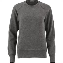 A grey women's crew jumper featuring long sleeves and a relaxed fit, with a logo on the garment.