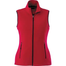 A women's sleeveless vest in vibrant red with a zip front and two side pockets. Features a contrasting trim and logo.