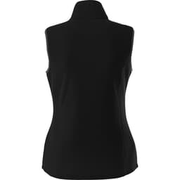 A back view of a women's black Tyndall Polyfleece vest, featuring a high collar and fitted silhouette.